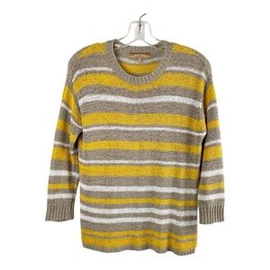 Ellen Tracy Crewneck Ribbon Knit Striped Pullover Sweater Yellow/Beige/White XS